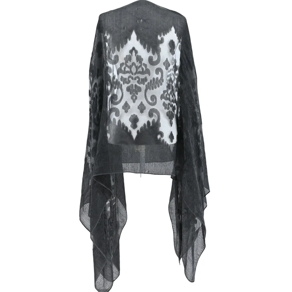 Black Burnout Velvet Damask Poncho Wrap Shawl Whimsigoth Festival Cape Coverup